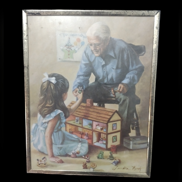 Vintage 'Grandpa And Children' Sandra Kuck Framed Painting - Picture 1 of 8
